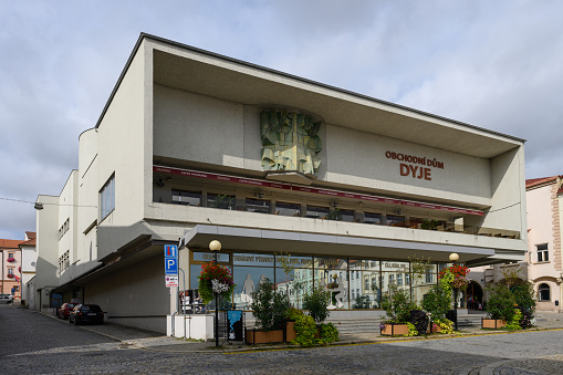 Znojmo, Moravia, Czech Republic - September 30 2023: Department Store Dyje Brutalist Building designed by Bohuslav Fuchs.