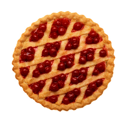 Cherry pie with lattice top on white background