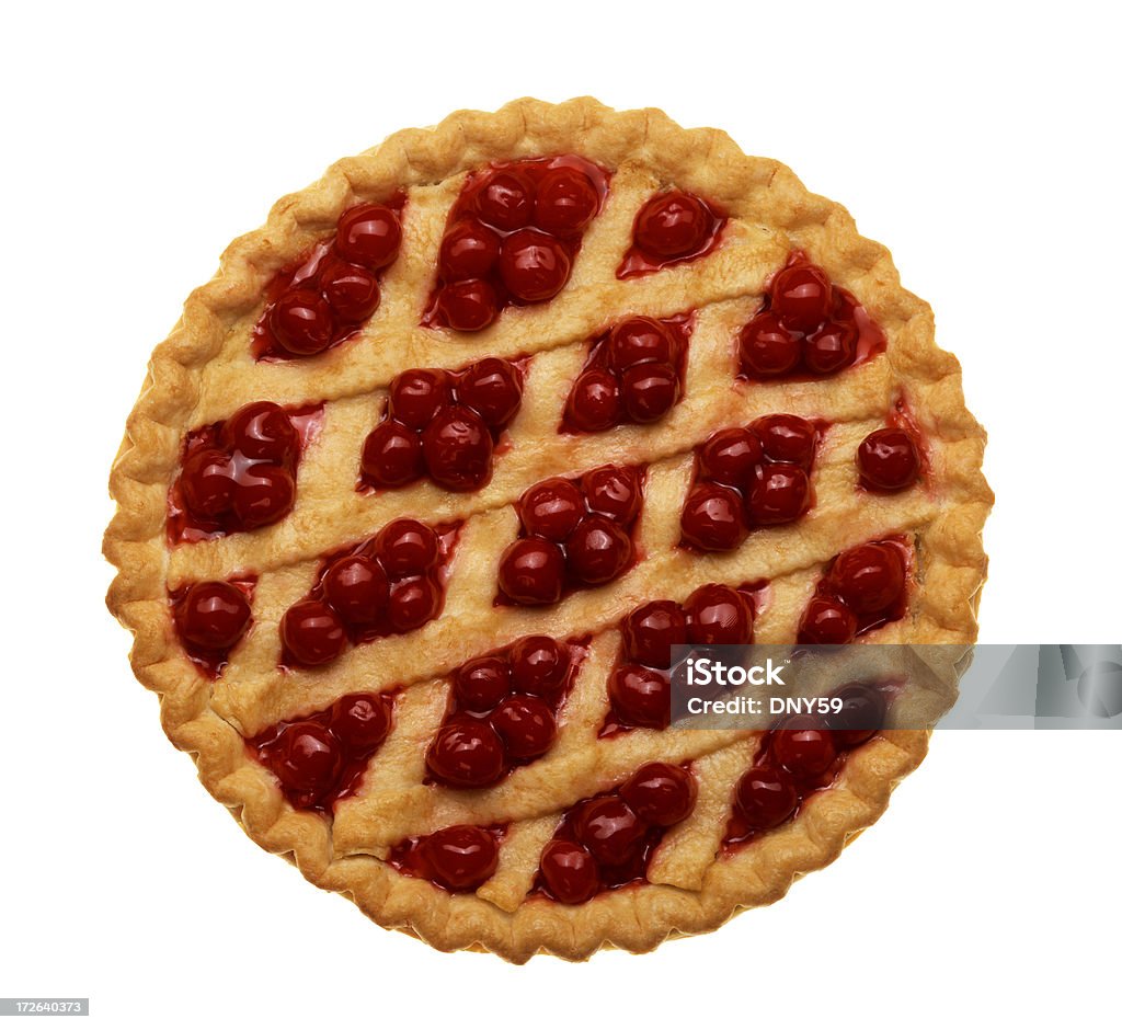 Bird's eye view of cherry pie isolated on white background Cherry pie with lattice top on white background Sweet Pie Stock Photo