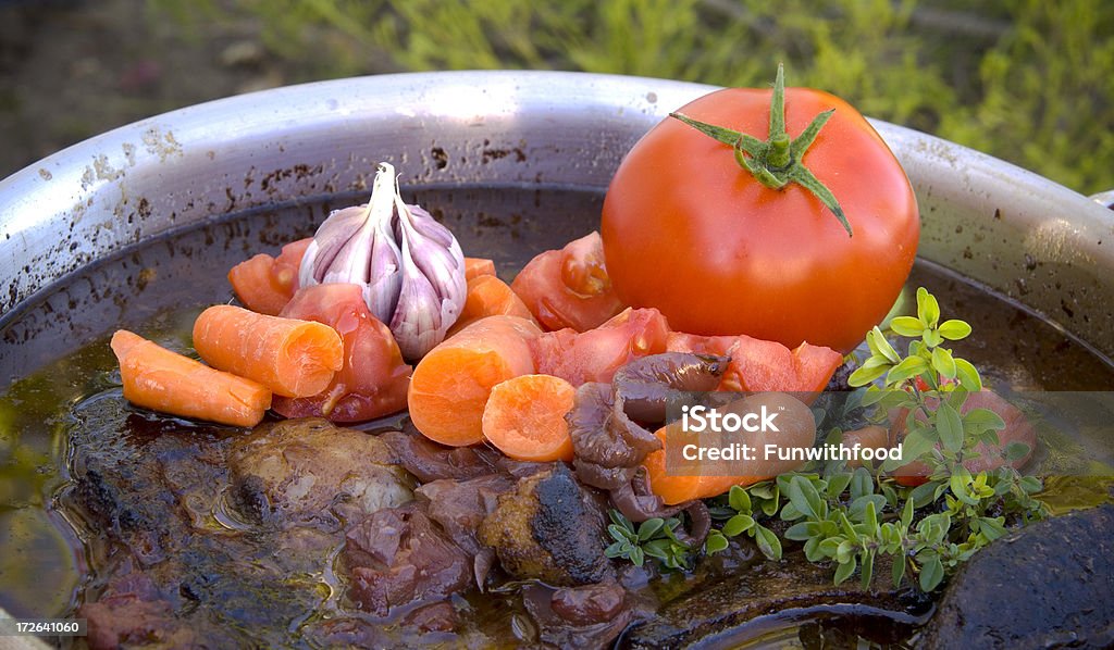 Горшок Жареная Говядина мясо, овощи, еда в суп & рагу Пан - Стоковые фото Американская культура роялти-фри