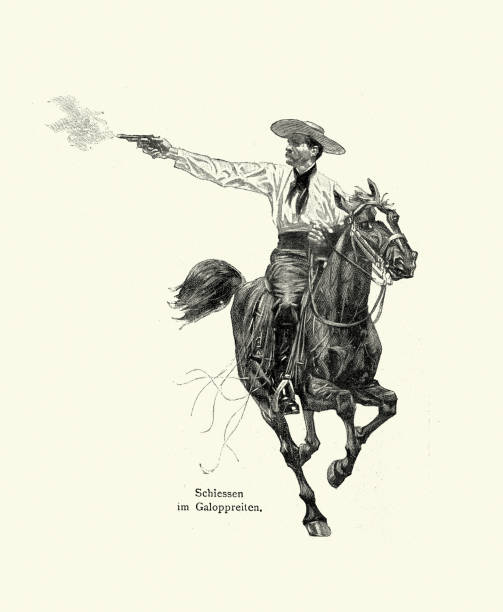 Vintage illustration Cowboy shooting a pistol from horseback, History of the Wild West, 19th Century