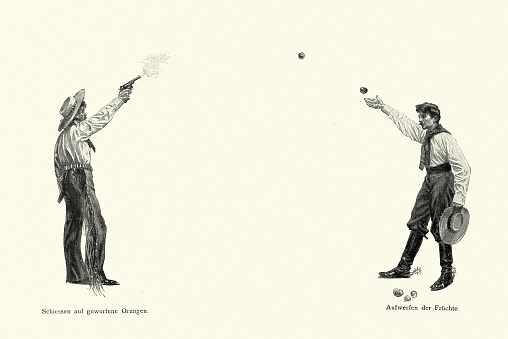 Vintage illustration Man shooting ornages out of the air, with a pistol, Victorian