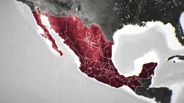Zoom in on monochrome map of Mexico, 4K, high quality, dark theme, simple world map, monochrome style, night, highlighted country and cities, satellite and aerial view of provinces, state, city,