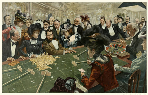 Woman in a casino breaking the bank at Roulette, Victorian 19th Century, Gambling Vintage illustration Woman in a casino breaking the bank at Roulette, Victorian 19th Century, Gambling antique poker chips stock illustrations
