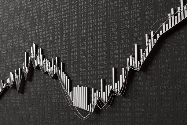 Silver line graph, bar chart and analytical trend lines on black background having stock quotes. Illustration of the concept of investment