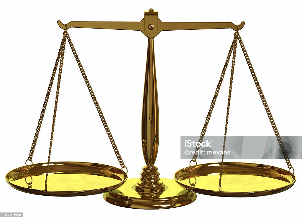 Balancing Scales Front view of a set of brass scales. 3D rendering with raytraced textures and HDRI lighting. Astrology Sign Stock Photo