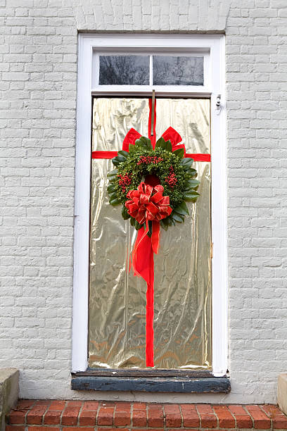 Christmas Decorations Front Door of Home Gift Wrapped Like a Present