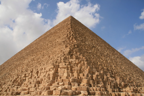An upward view of the Great Pyramid of Giza (Khufu), the only one of the ancient seven wonders of the world still standing.