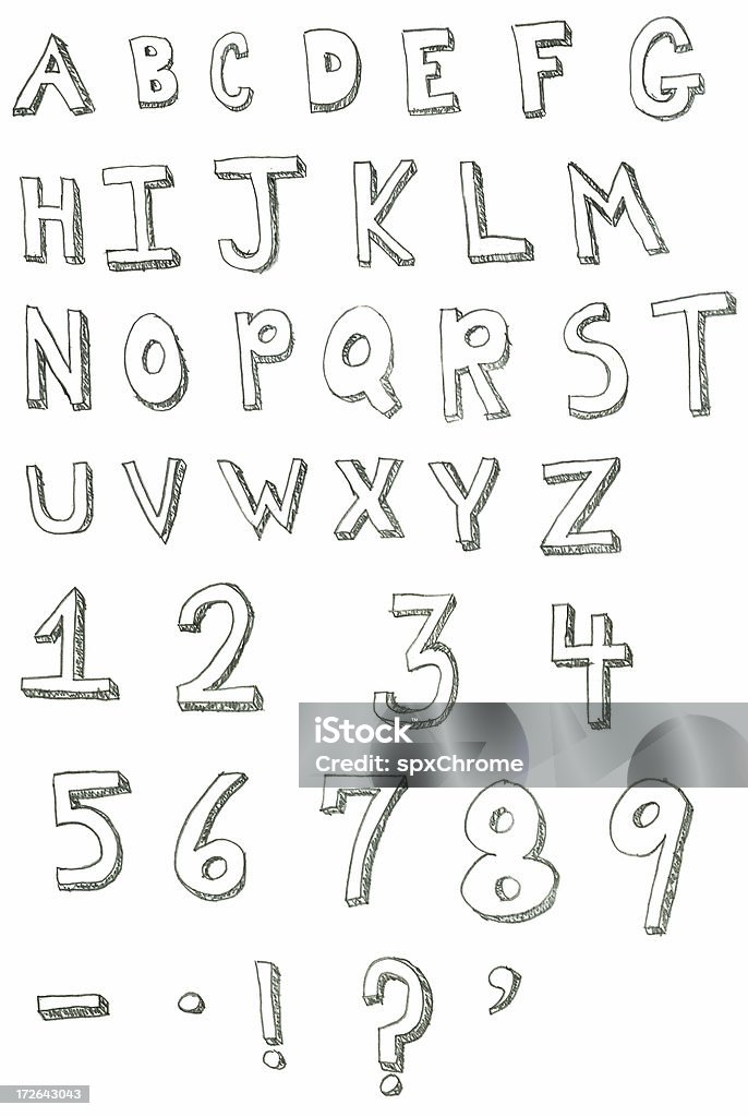 Block Pencil Letters with Shadows Hand drawn block style pencil letters with hatched shadows.  Doodle look and feel, great for all kinds of fun design projects.  Contains full alphabet and number set. Number stock illustration