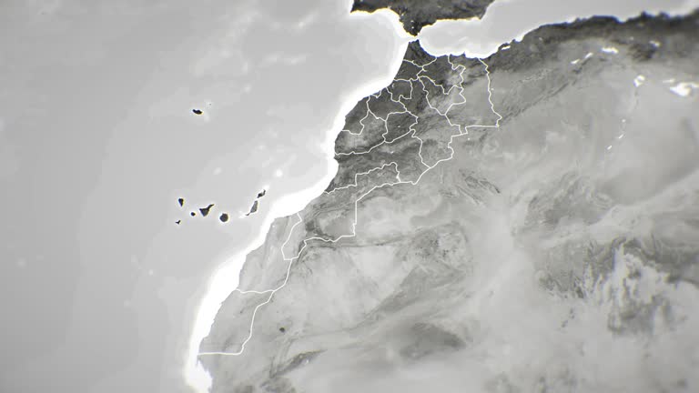 Zoom in on monochrome map of Morocco, 4K, high quality, dark theme, simple world map, monochrome style, night, highlighted country and cities, satellite and aerial view of provinces, state, city,