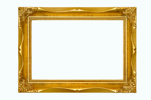 Frame 42.  A background image made from a gilded rectangular picture frame.  Frame has an 5 X 7 aspect ratio and is Isolated on White with Clipping Path.