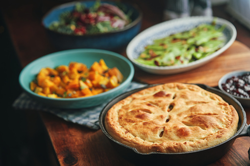 Vegan Thanksgiving Dinner with Pumpkin & Kale Pot Pie, Butternut Squash, Roasted Green Beans with Almond Bacon, Radicchio Clementine Salad and Berry Pie