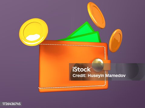 istock wallet isolated vector 3d illustration. brown wallet with coins 3D icon 1726436745