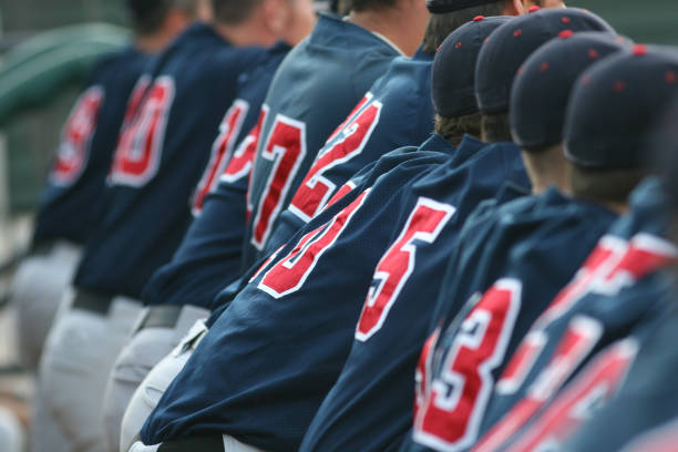Teammates baseball teammates in the dugout baseball uniform photos stock pictures, royalty-free photos & images