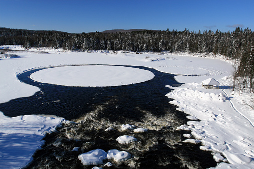 Spinning Ice Circles on River in Winter, Jacques-Cartier river, Quebec, Canada