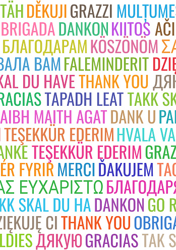Colorful large background wallpaper with word Thank you translated in European languages in A4 format page