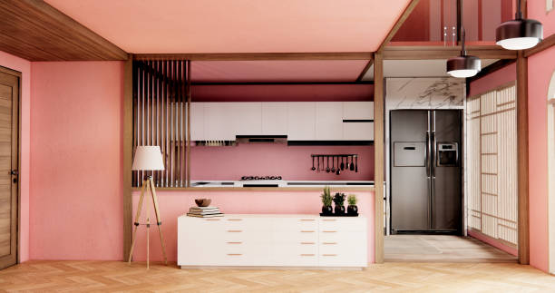 istock Mockup Pink Muji kitchen room japanese style minimal interior. 1726442210