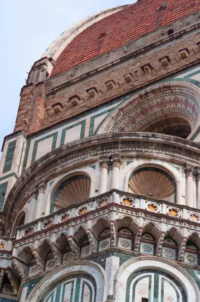 Details of the exterior of the Santa Maria del Fiore Cathedral of Saint Mary of the Flower - the main church of Florence at Tuscany, Italy.