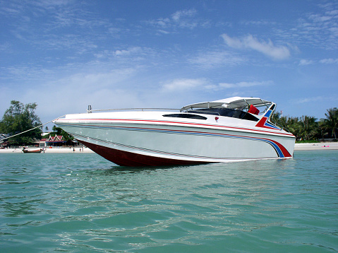 Speedboat in Thailand on a beautiful day in a beautiful bay in Koh Phangan.