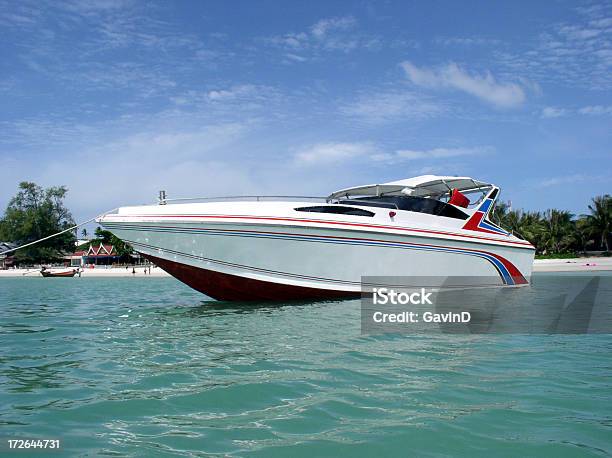 Speedboat Anchored Near Beach In Thailand Stock Photo - Download Image Now - Ko Samui, Nautical Vessel, Bay of Water