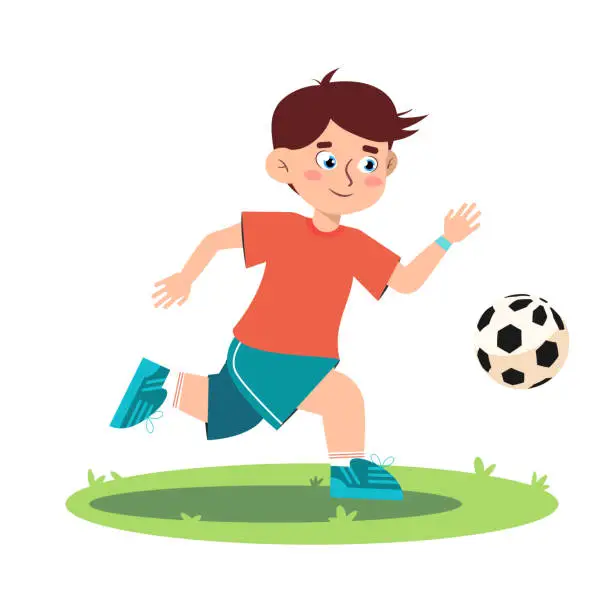 Vector illustration of Vector illustration of a football player playing with a soccer ball on a soccer field. Cartoon scene of a soccer player playing soccer isolated on white background.