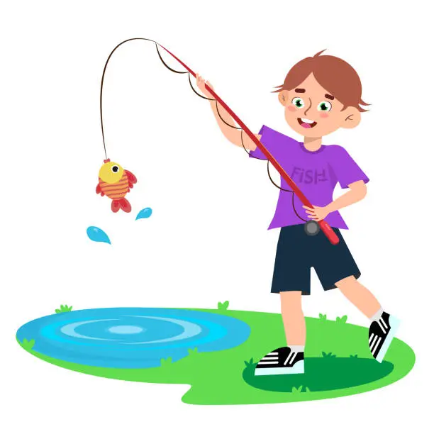 Vector illustration of Vector illustration of a boy fishing. Cartoon scene of a smiling guy who caught a fish on a fishing rod isolated on a white background.