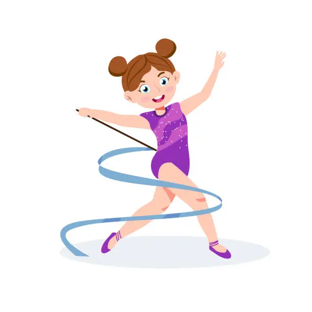 Vector illustration of Vector illustration of a girl doing gymnastics. Cartoon scene of smiling girl doing gymnastic exercises with ribbon isolated on white background.