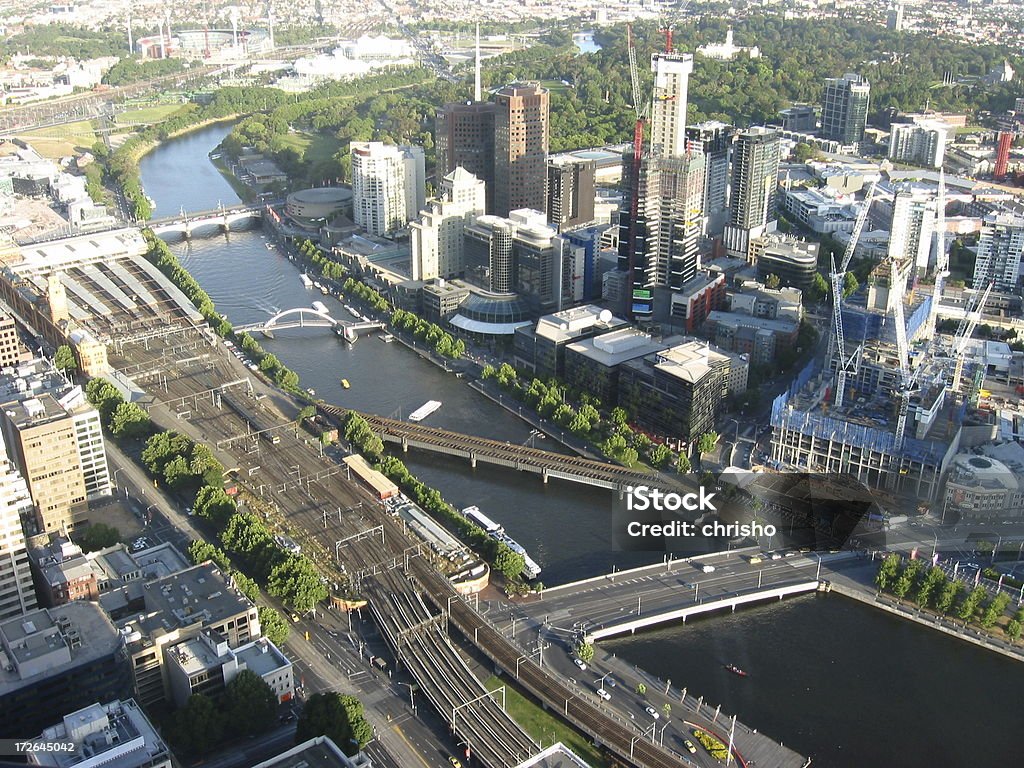 Aerial view of the Yarra River in Melbourne "An aerial view of the Yarra river and the surrounding buildings in Melbourne, Victoria, Australia." Aerial View Stock Photo