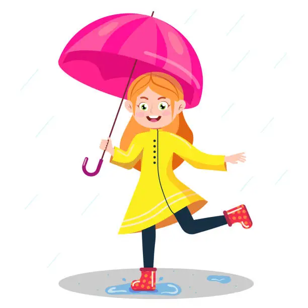 Vector illustration of Vector illustration of a girl walking in the rain. Cartoon scene of girl with umbrella in raincoat and rubber boots isolated on white background.