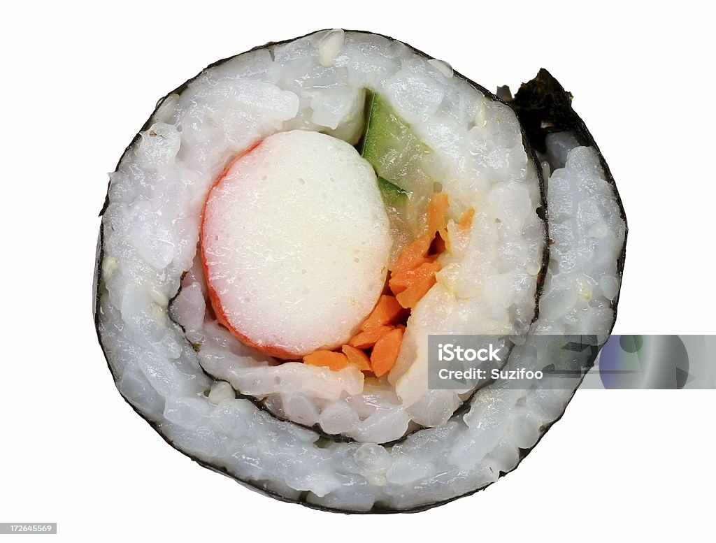 piece of sushi (California roll) "A single piece of California roll, isolated on white. Larger than my other sushi photo." White Background Stock Photo
