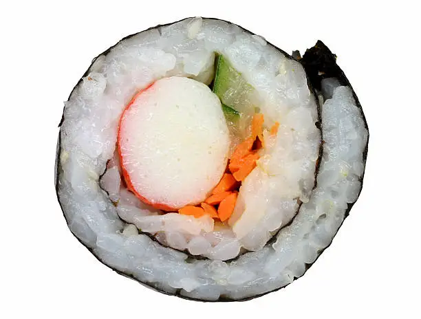 "A single piece of California roll, isolated on white. Larger than my other sushi photo."