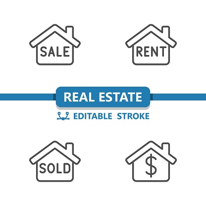 Real Estate Icons. Sign, For Sale, Rent, Sold, Dollar, Home, House Icon. Professional, 32x32 pixel perfect vector icon. Editable Stroke