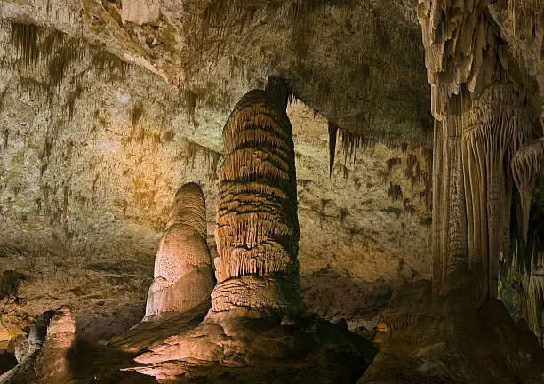 "XXLarge Picture of Stalagmites and formations in the Hall of Giants, Big Room area in Carlsbad Caverns National Park."
