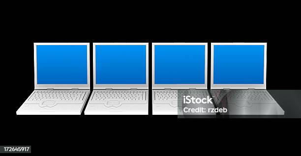 Quatro Ecrãs De Computadores Portáteis Com Azul - Fotografias de stock e mais imagens de Loja de Informática - Loja de Informática, Tridimensional, Aberto