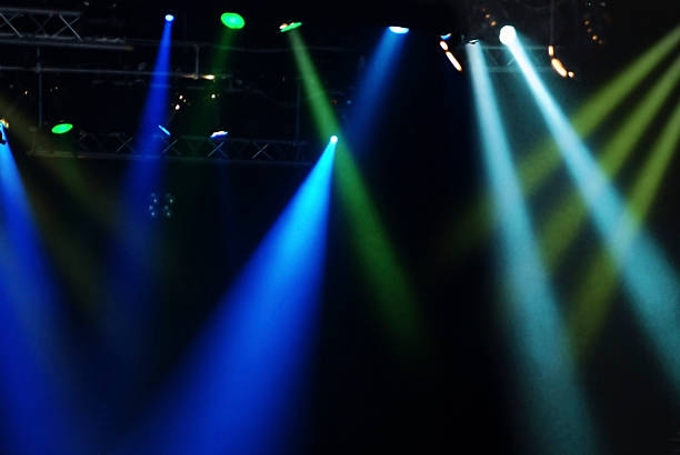 Spotlight show with several blue and green lights stock photo