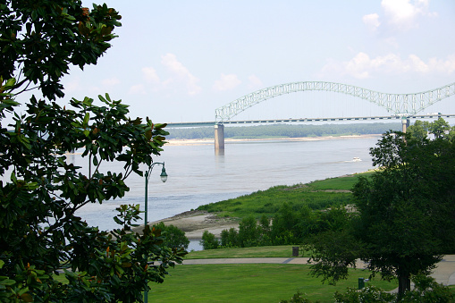 Shot of Mississippi river and bridge from Arkansas to Memphis, Tennessee.