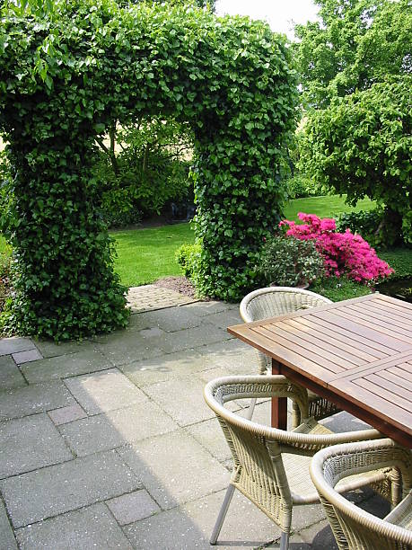 A patio table in a garden with a green arch stock photo