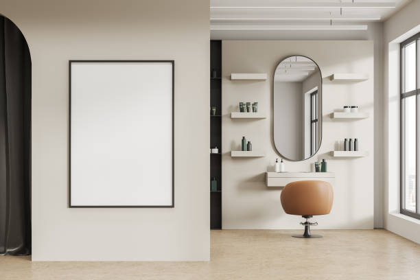 istock Cozy salon interior with chair and accessories, window and mockup frame 1726461537