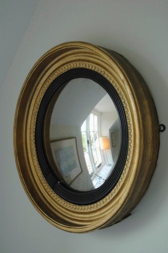 Gilt framed circular distorting mirror.