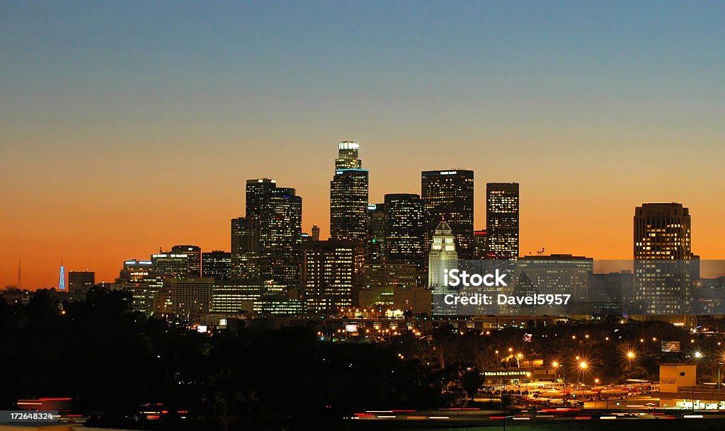 Los Angeles skyline at dusk "Downtown Los Angeles at dusk, w/ the US Bank tower and L.A. City hall prominently lit." City Of Los Angeles Stock Photo