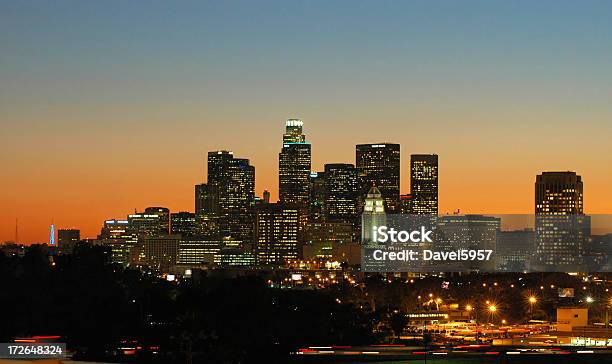 Los Angeles Skyline At Dusk Stock Photo - Download Image Now - City Of Los Angeles, Los Angeles County, Urban Skyline