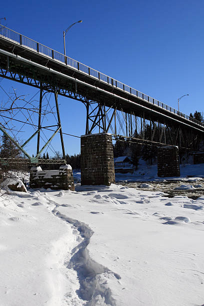 istock Bridge Over River In Winter and Fresh Tracks in Snow 172648410