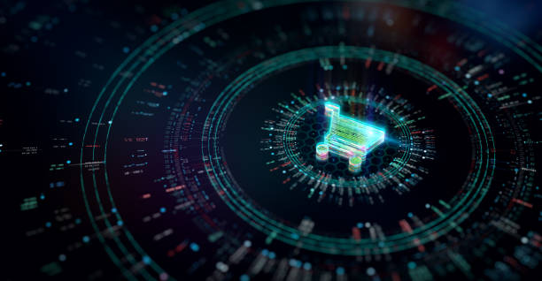 istock Online shopping futuristic background. Glowing shopping cart icon on cube. CGI 3D render 1726487624