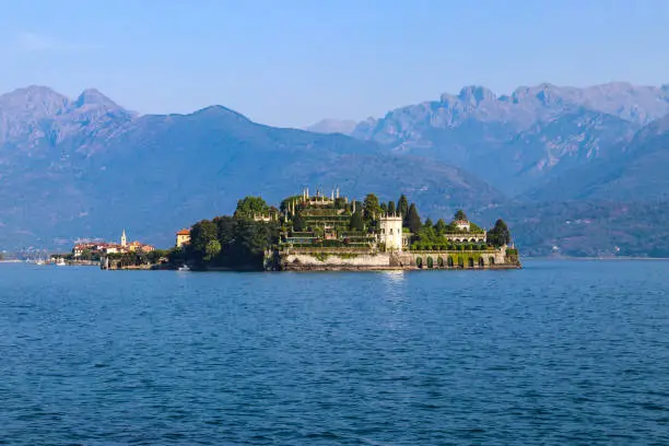 View of Isola Bella (one of the Borromean Islands of Lago Maggiore) from Stresa town, Italy
