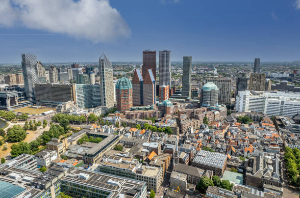 The drone aerial view of Hague City Skyline with urban skycrapers. The Hague (Den Haag) is a city and municipality of the Netherlands. public utility stock pictures, royalty-free photos & images