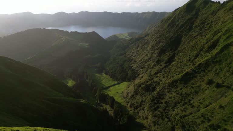 Aerial images Lagoa das Sete Cidades (Lagoon of the Seven Cities), a Portuguese lagoon, located on the Azorean island of São Miguel, Azores archipelago, Portugal.