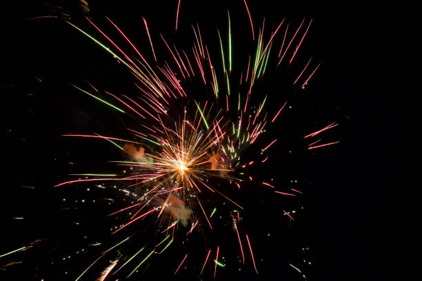 istock Multi color streaks of light from a fireworks display at night 1726501727