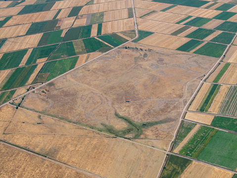 Aerial view of agricultural fields in Konya, Turkey. Taken via drone.