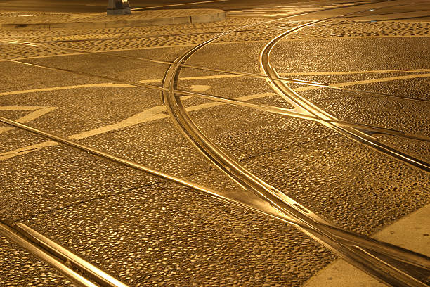 Trolley tracks at night stock photo