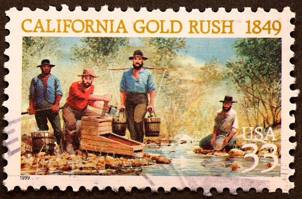 California gold rush stamp, Sutter's Mill postage stamp commemorating the 1849 California gold rush. panning for gold photos stock pictures, royalty-free photos & images